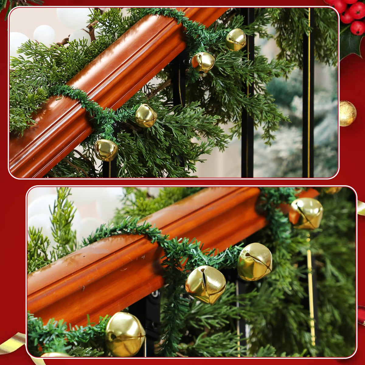 Motionchic 25 Pcs 20 Inches Christmas Garland Ties with Bells Decorative Twist Ties Garland Hanger for Banister Stairs Railing Garden Reusable Flexible Twist for Xmas Holiday Decorations (Gold)