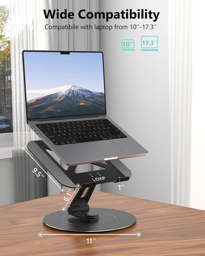 Adjustable Laptop Stand, Computer Stand with 360 Rotating Base, Ergonomic Laptop Riser Mount for Desk Foldable Protable Computer Desk Fits with MacBook Pro Air (10-16") - Black