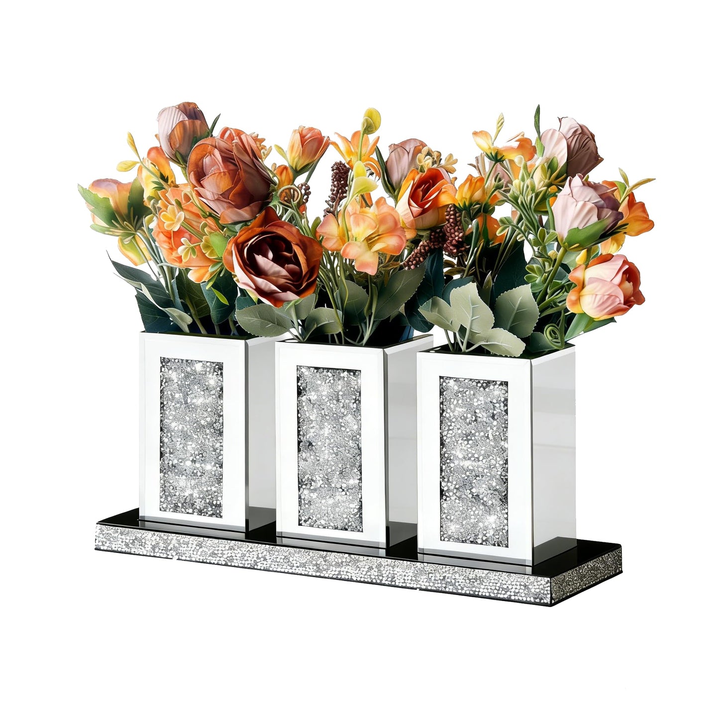 Pibeyer Crystal Crush Diamond Jar Table Centerpiece Decorations for Dining Room, Coffee Table Decor Wooden Tray with 3 Mirrored Jars Artificial Plants for Kitchen, Living Room, Home Décor