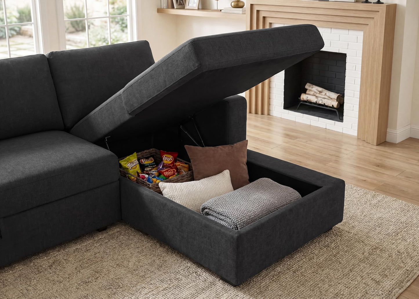 HONBAY Sectional Sleeper Sofa with Pull-Out Bed Storage Chaise, 6 Seater Couch for Living Room, Dark Grey
