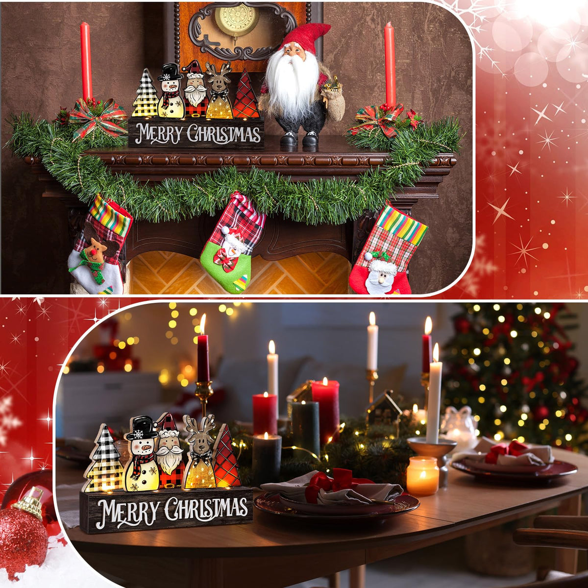 Chunful Lighted Wooden Christmas Tree Decor Rustic Christmas Tabletop Decoration Sign Xmas Tree Santa Reindeer Snowman Table Centerpieces for Home Office Fireplace Farmhouse Xmas Party Table Decor
