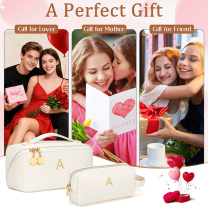 KKXIU Initial Makeup Bag for Women - Personalized Makeup Bag Gifts for Women, Travel Toiletry Bag with PU Leather, Open Flat Design with Top Handle, Cosmetic Bag Set with Multi-Pocket (Beige,A)