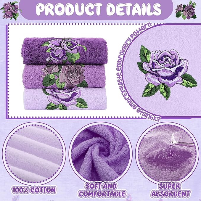 3 Pcs Purple Rose Hand Towels Lavender Purple Bathroom Decor Embroidered Floral