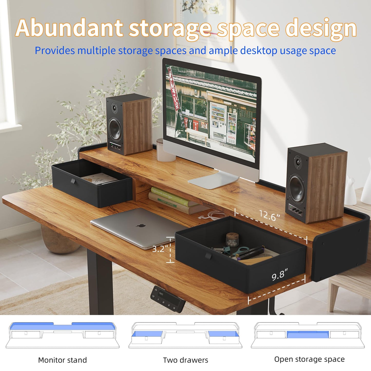 YIHAYO Low Height Adjustable Desk with Drawers, Lifts 18.1-28.3 Inches, Electric Standing Desk with Storage Shelf for short people, 40 x 24 Inches Table with Splice Board for Home Office, Rustic Brown