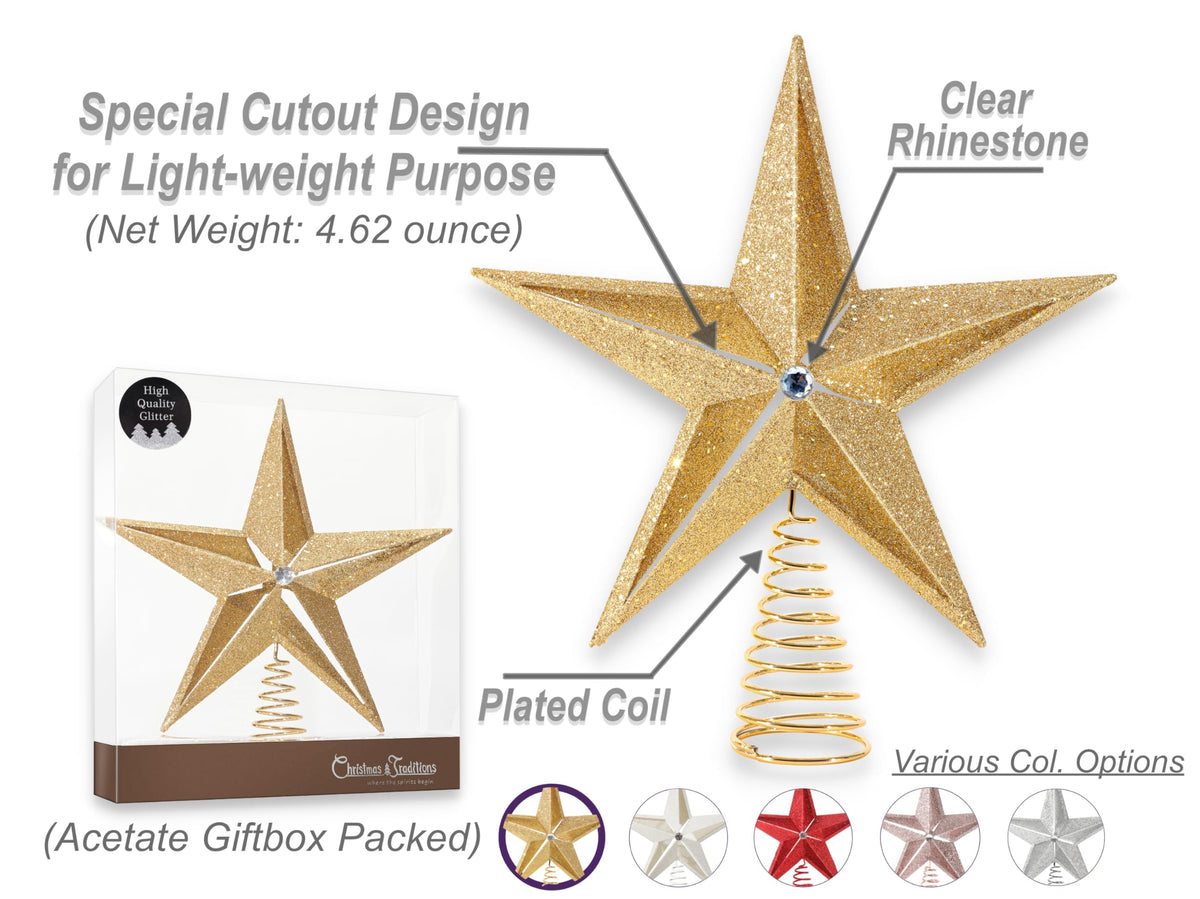 Christmas Traditions 10 inch Large Filigree Gold Glittered Christmas Star Tree Topper Star for Large Tree 6 feet-8 feet Tall/Home Decor Ornaments (Gold)