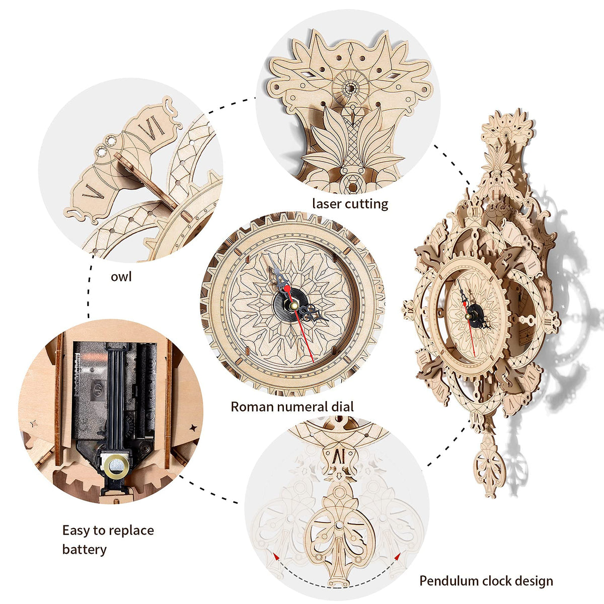 3D Wooden Puzzle Clock Kit DIY Mechanical Wall Clock Hanging Pendulum Gift for Adults & Teens