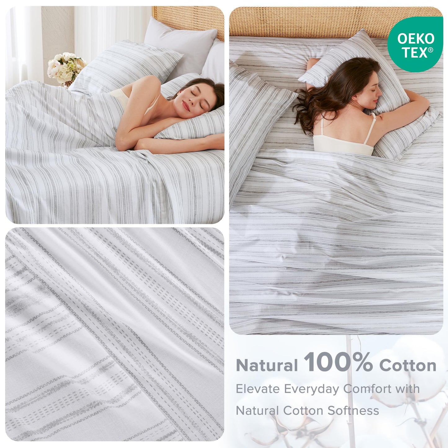 Comfort Spaces 100% Cotton Sheets King, Breathable, Naturally Cool Cotton Sheets, Soft Cotton Bed Sheets with 14" Elastic Pocket Fits up to 16" Mattress, All Seasons Sheet Set, Good Vibes Grey 4 Piece