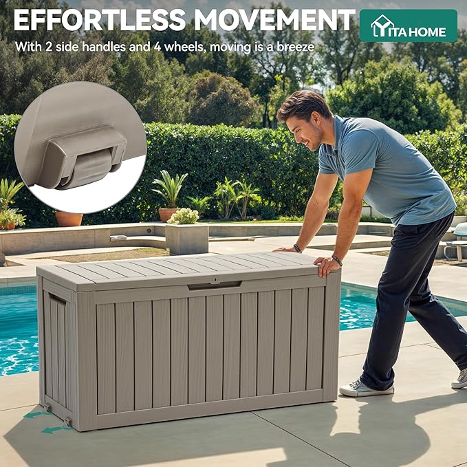 YITAHOME 72 Gallon Outdoor Resin Deck Box with Wheels, Pool Storage Box for Outdoor Cushions, Sports Equipment, Garden Tools, Light Brown