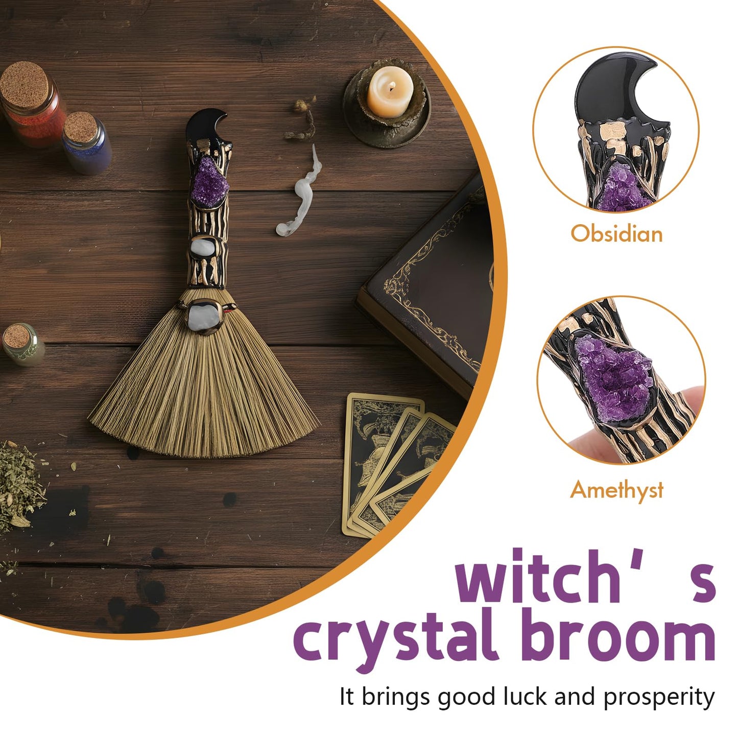 RENEMEGO Witch Crystal Altar Broom - Witchcraft Supplies Wiccan Decor Altar Supplies with Moon Black Obsidian Natural Healing Crystals Reiki Energy Emotional Regulation Wealth Attraction Crafts