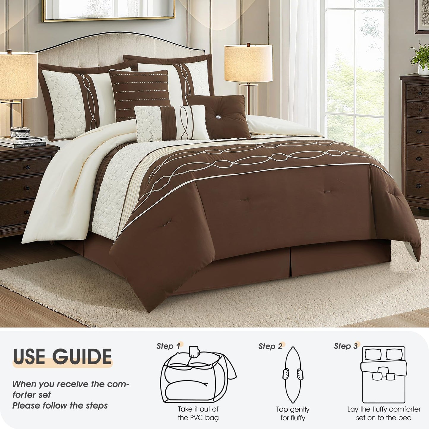 LANCO MODERN LIFESTYLE 7 Piece Comforter Set, Queen, Brown Geometric Clip Design, 100% Polyester, Luxury All Seasons Bed Set Includes Comforter, Bed Skirt, Pillow Shams, and Decorative Pillows