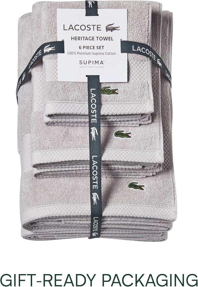 Lacoste Heritage Supima Cotton 6-Piece Towel Set, 2 Bath Towels, 2 Hand Towels