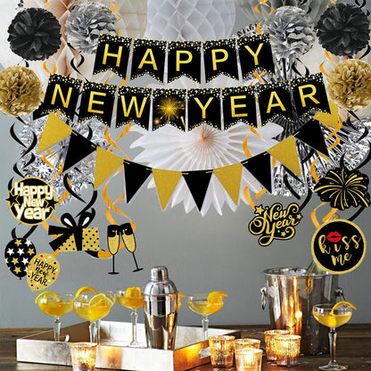 Famoby Happy New Year Banner Pom poms Triangle flag Swirls Garland Hanging Bunting for Happy New Year Party Decorations