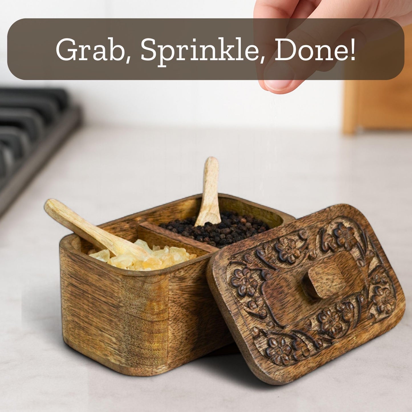 Mie Creations Duet Salt and Pepper Box Cellar with Hand Carved Lid & 2 Spoons, Rustic Wooden Pinch Bowls with 2 large Compartments | Wood Salt Storage Keeper, Spice Bowls for Kitchen Cooking