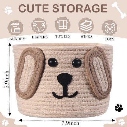Zopeal Dog Woven Basket, 7.9" D x 6" H Cotton Rope Toy Storage Organizer, Dog Mom Gift Empty, Cute Laundry Puppy Gift Animal Basket for Clothes, Towels, Toy, Laundry, Bathroom, Home(Khaki, Beige)