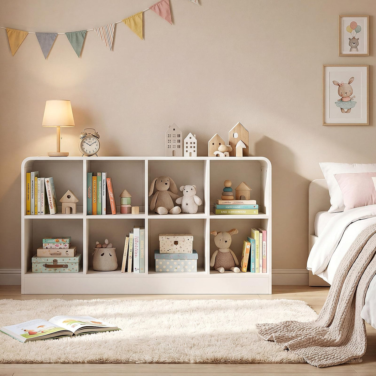 EXPERLAM White 8 Cube Storage Organizer with Rounded Edges and Reinforced Base, Low Horizontal Cube Bookshelf, Wooden Cube Shelf Bookcase for Living Room, Kids Room, Bedroom, TV Stand