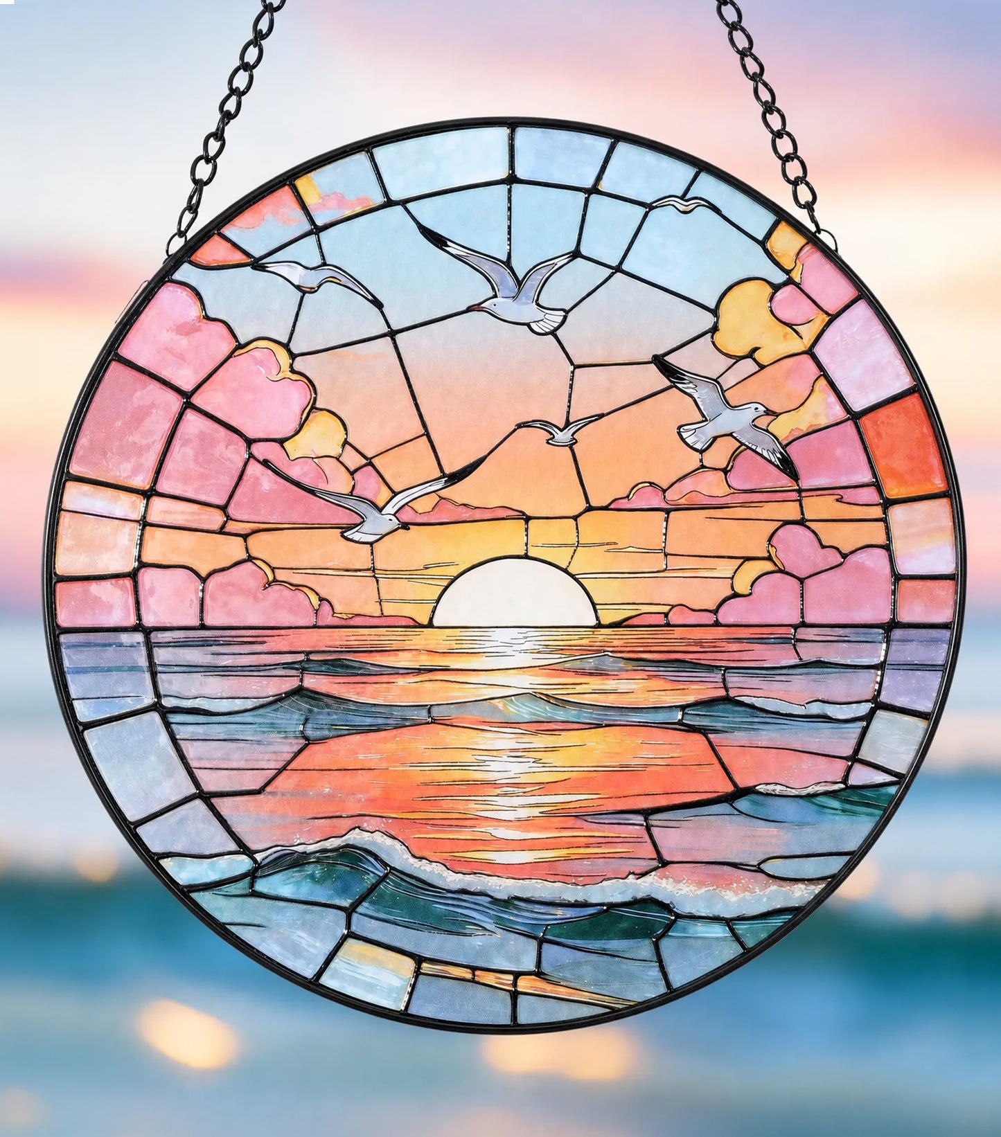 Hanging Stained Glass for Windows,20cm/7.87inch Sea Sunrise Stained Glass Suncatcher with Chain Garden Diamond Glass Panel Hangings Decoration for Home Decor Gifts for Family Friends Colleagues