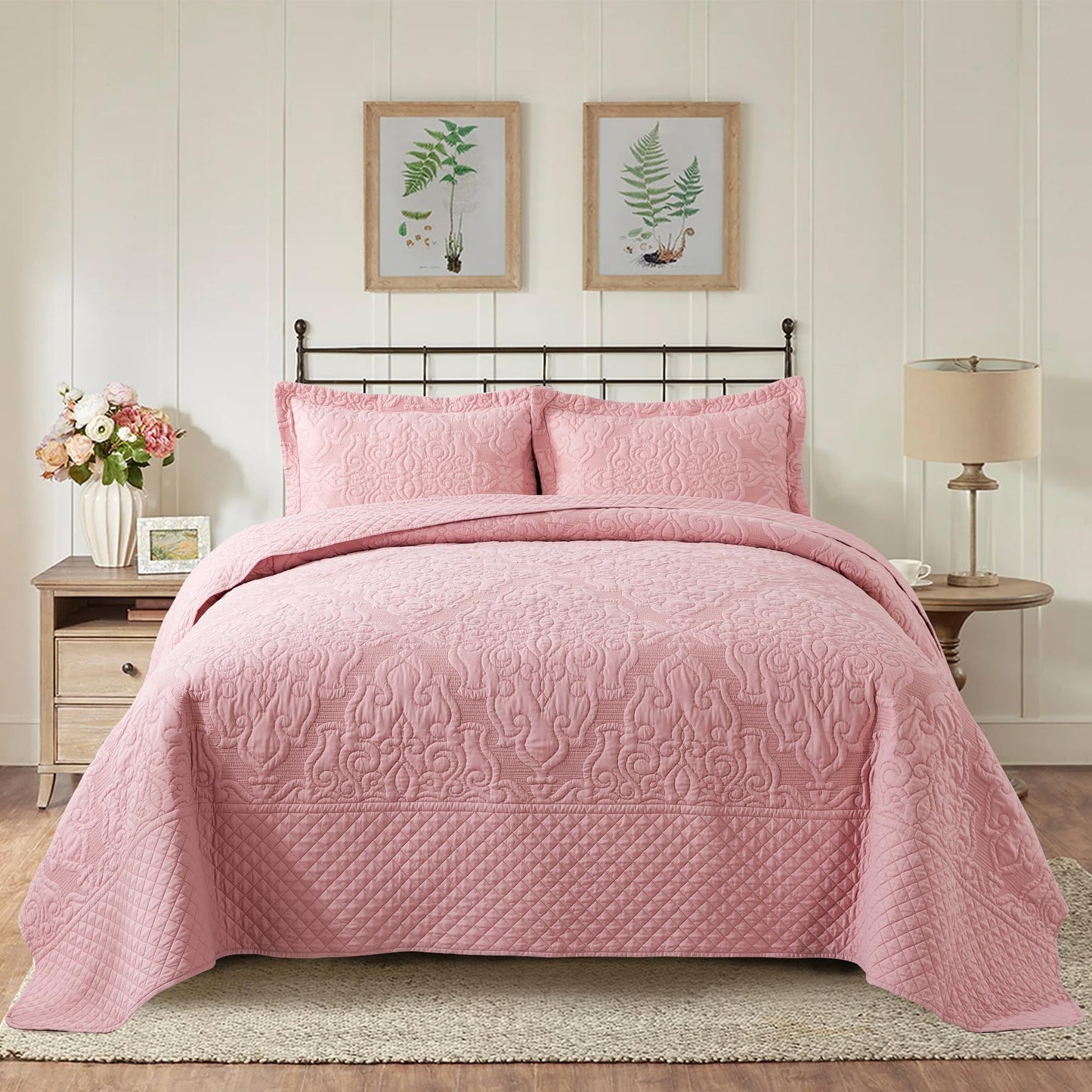 NEWLAKE Quilt Bedspread Set, Pink Jacquard Embossed Floral Pattern Reversible Embroidered Microfiber Coverlet Sets, Queen Size