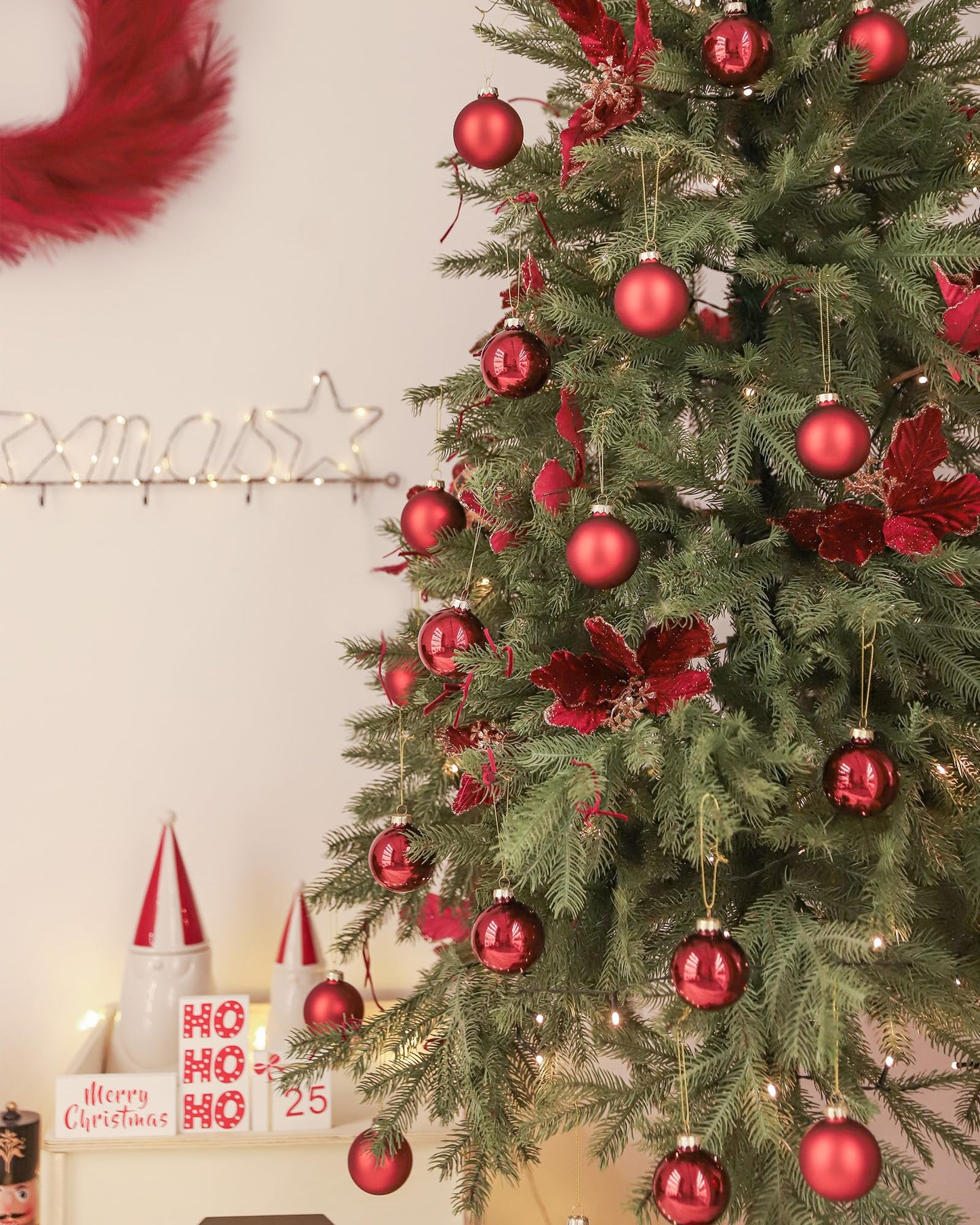 WDS WONDROUS Glass Christmas Hanging Ball Ornaments, Set of 12 Decorative Balls for Xmas Tree Decoration, Shiny and Matte Deep Red Christmas Ornaments
