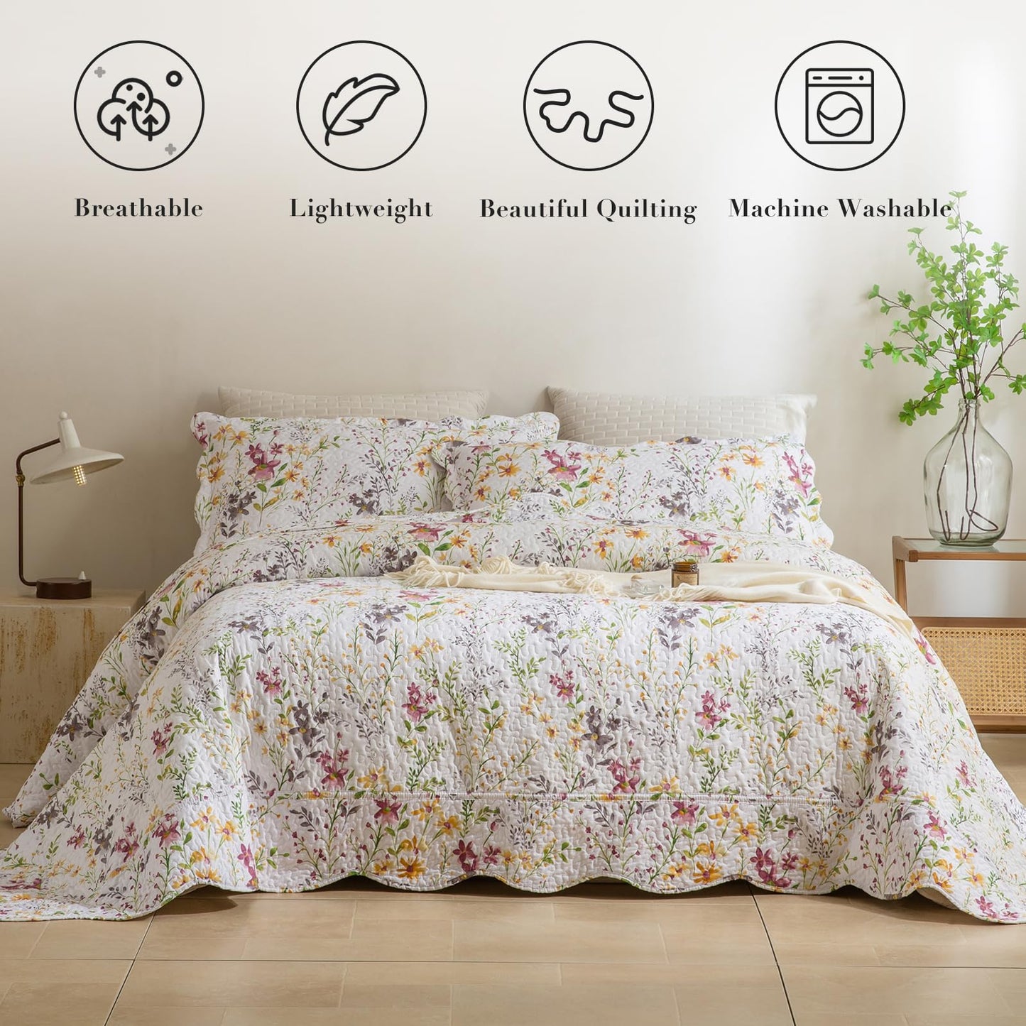 Masaca Oversized King Bedspread 128"x120",Yellow Wild Flower Botanical Printed Pattern Floral Oversized King Quilt Set Lightweight Scallop Extra Large California King Size Quilt Bedding Coverlet Set