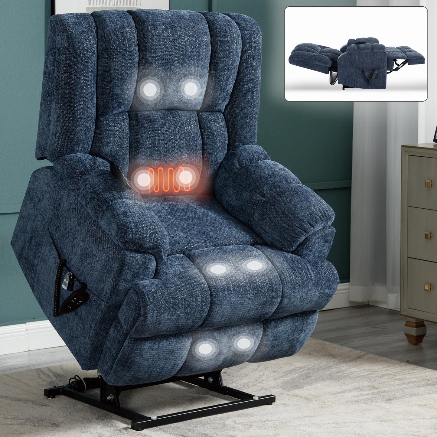 GDFStudio Dual Motor Power Lift Recliner Chair with Massage and Lumbar Heat, Heavy Duty Electric Reclining Chair with Remote Control, Supports Up to 350 LBS, Blue