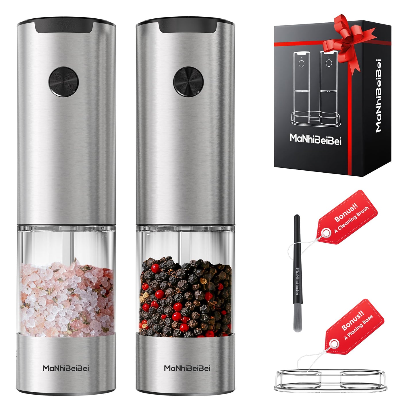 MaNhiBeiBei Electric Salt and Pepper Grinder Set - One-Hand Operated, Adjustable Coarseness, Ceramic Burrs, LED Light, Stainless Steel, Housewarming Gift (2 Pack)