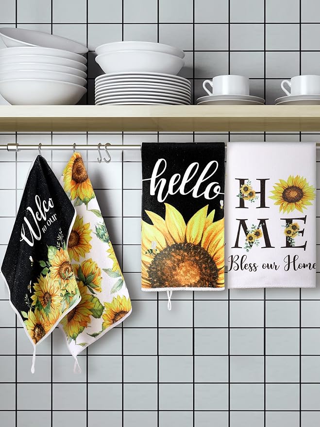 Bencailor 4 Pcs Sunflower Kitchen Towels Welcome to Our Home Hand Dish Towels