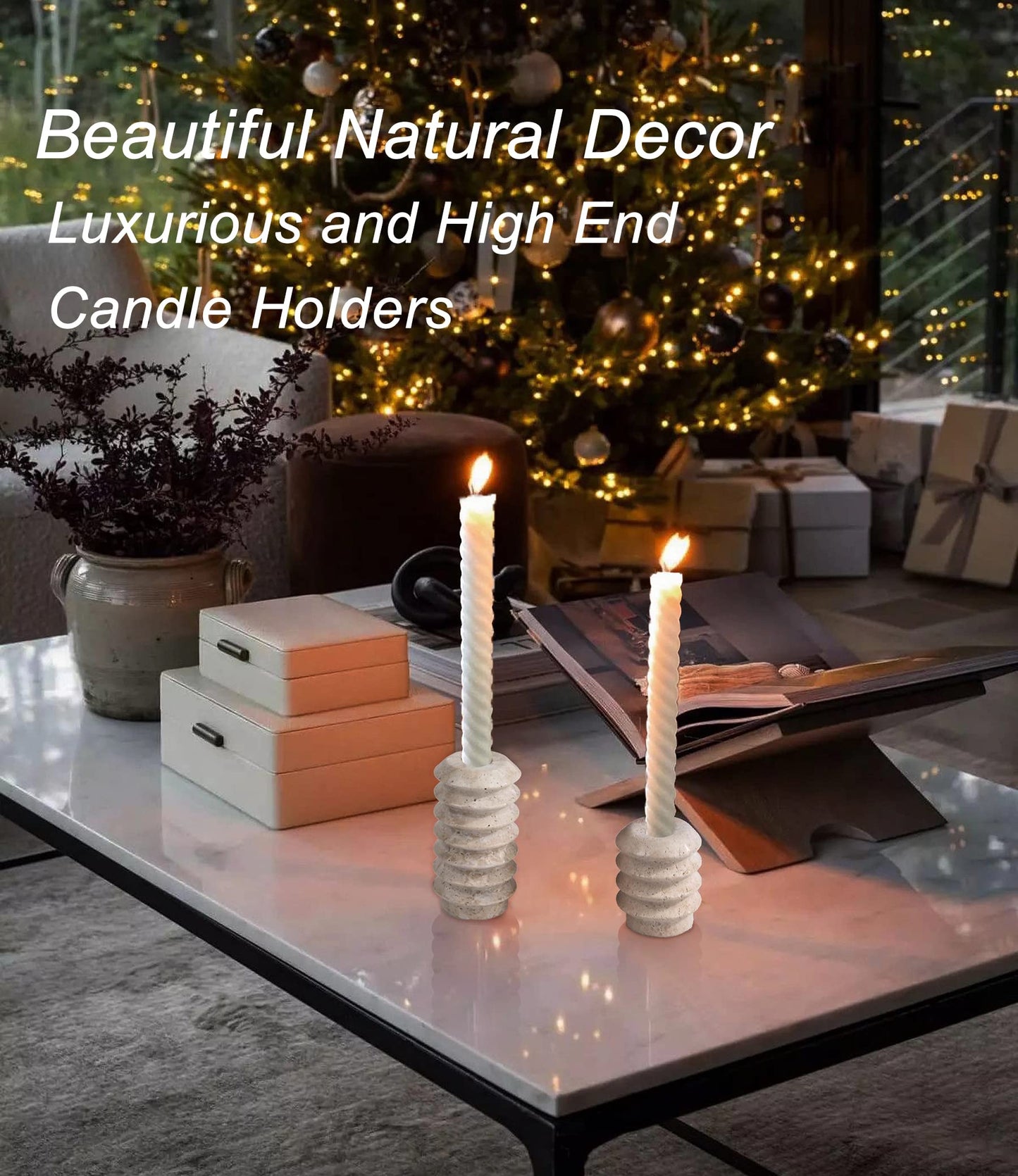 HofferRuffer Travertine Candlestick Holders, Set of 2 Natural Stone Candle Holder Decorative Candle Stands for Wedding, Dinning, Party, Table Centerpieces, Fits 3/4'' Thick Candles (Cream White)