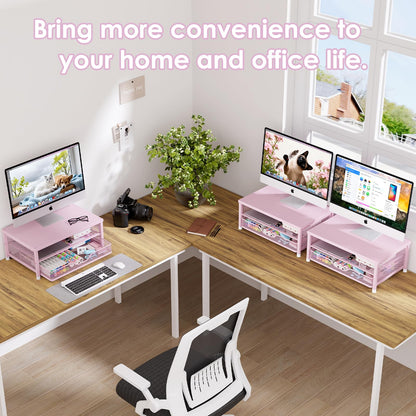 OPNICE Computer Monitor Stand Riser, Desk Organizer with Drawer, Printer & Laptop Stand, Office Desk Accessories & Workspace Desktop Organizers Storage for Office Supplies(Pink)