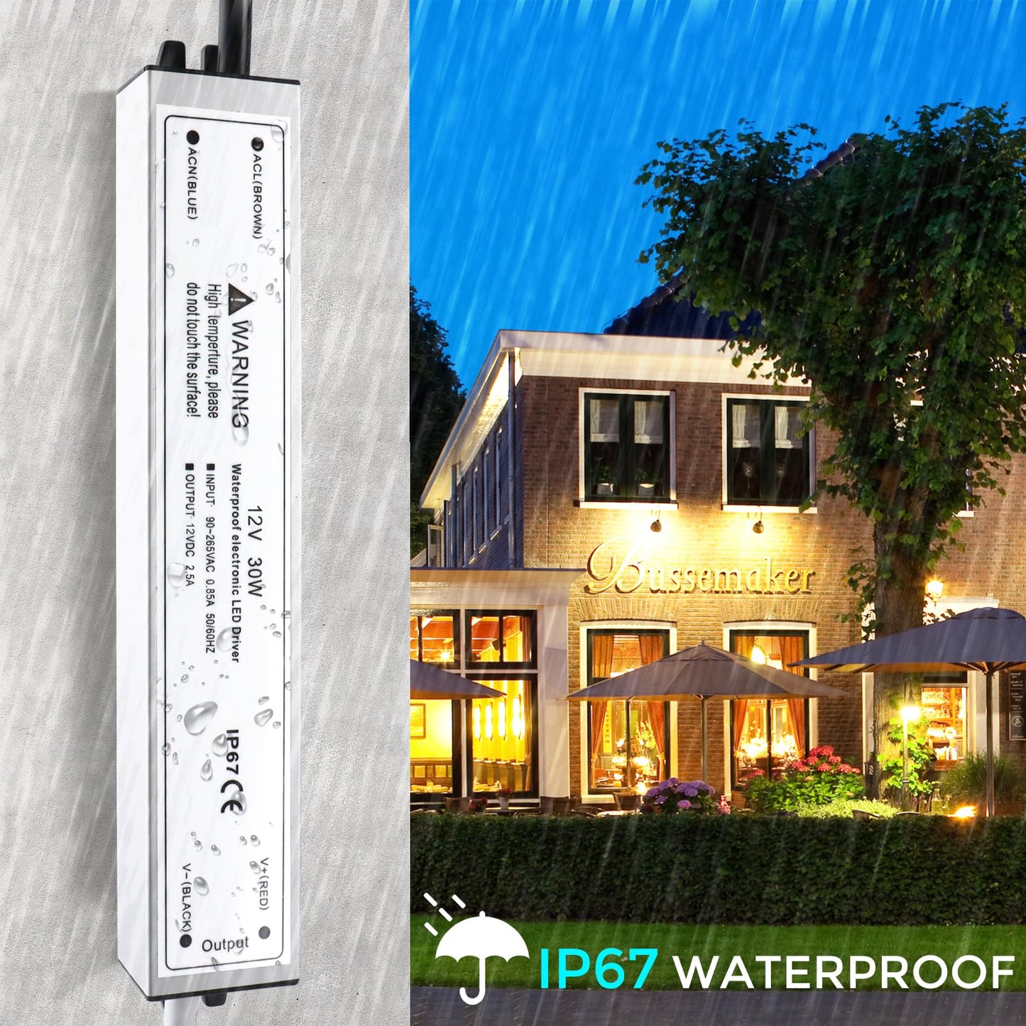 LightingWill 12V 30W Power Supply IP67, 2.5A Outdoor Waterproof LED Driver With Plug, AC 240V to DC 12 Volt Transformer for LED Lighting, CCTV, Computer Project