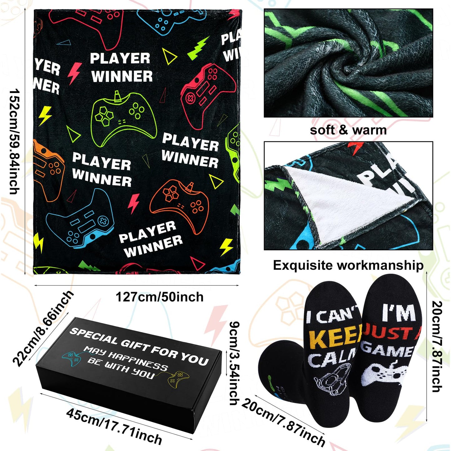 Ziliny 6 Pcs Gamer Gifts Sets for Boys Gaming Throw Blanket Tumblers Funny Pillow Covers Socks Keychain and Gifts Box for Boys Men Teen Gamer Lover