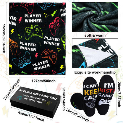 Ziliny 6 Pcs Gamer Gifts Sets for Boys Gaming Throw Blanket Tumblers Funny Pillow Covers Socks Keychain and Gifts Box for Boys Men Teen Gamer Lover