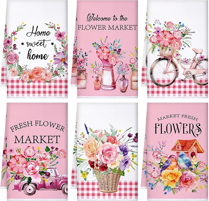 Geyoga 6 Pcs Spring Floral Kitchen Towels Flamingo Dish Hand Towels Sunflower