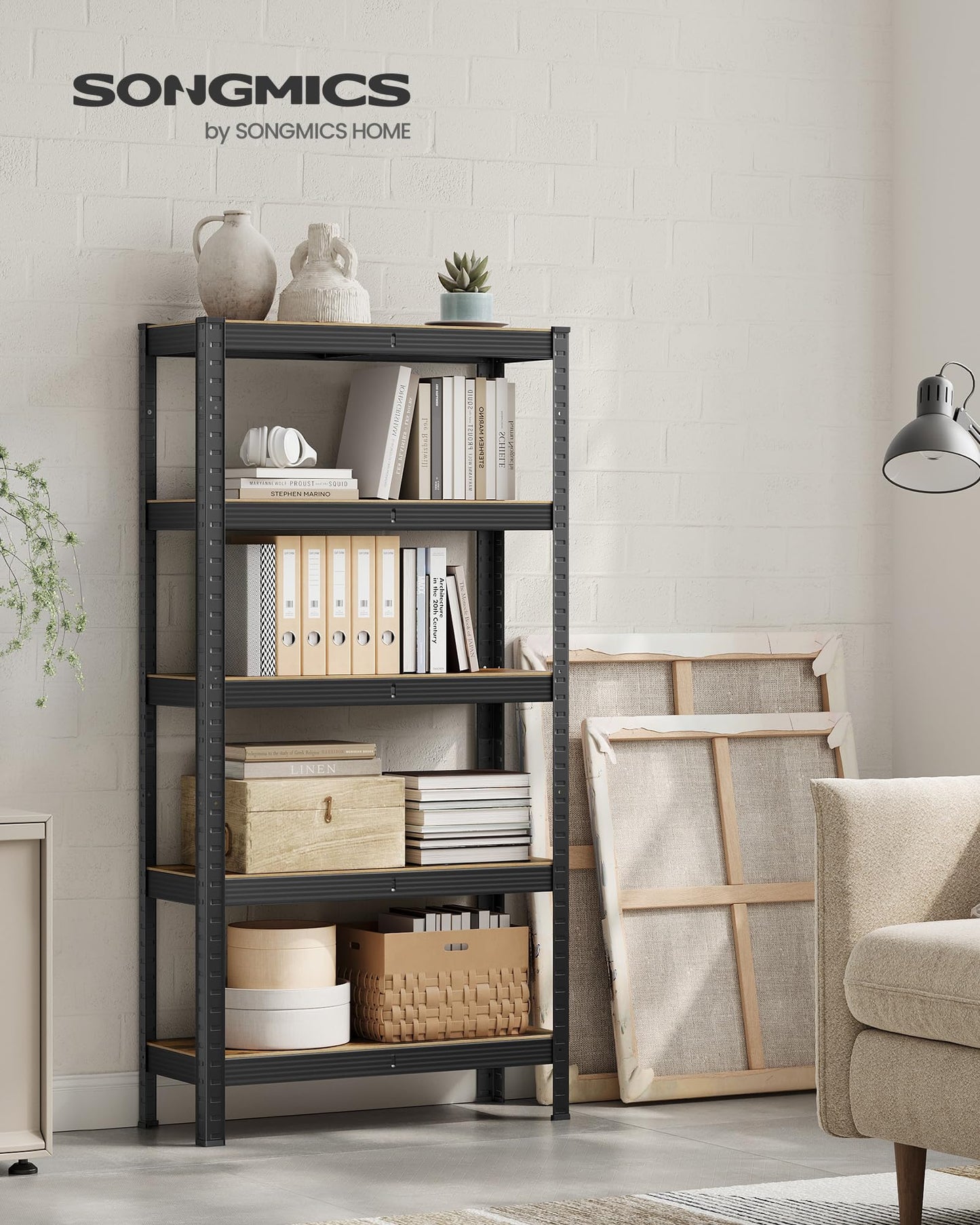 SONGMICS Shelving Unit, 30 x 75 x 150 cm, 650 kg Load Capacity (130 kg per Shelf), Industrial, Adjustable Storage Shelves, for Living Room, Kitchen, Garage, Rustic Brown and Black GLR030B01
