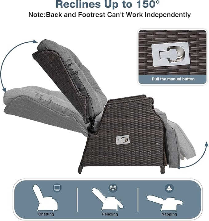 Outdoor Indoor Wicker Recliner with Adjustable Back and Footrest, Patio Reclining Chair with Flip-up Table, Outdoor Rattan Lounge Chair, Grey 2PCS