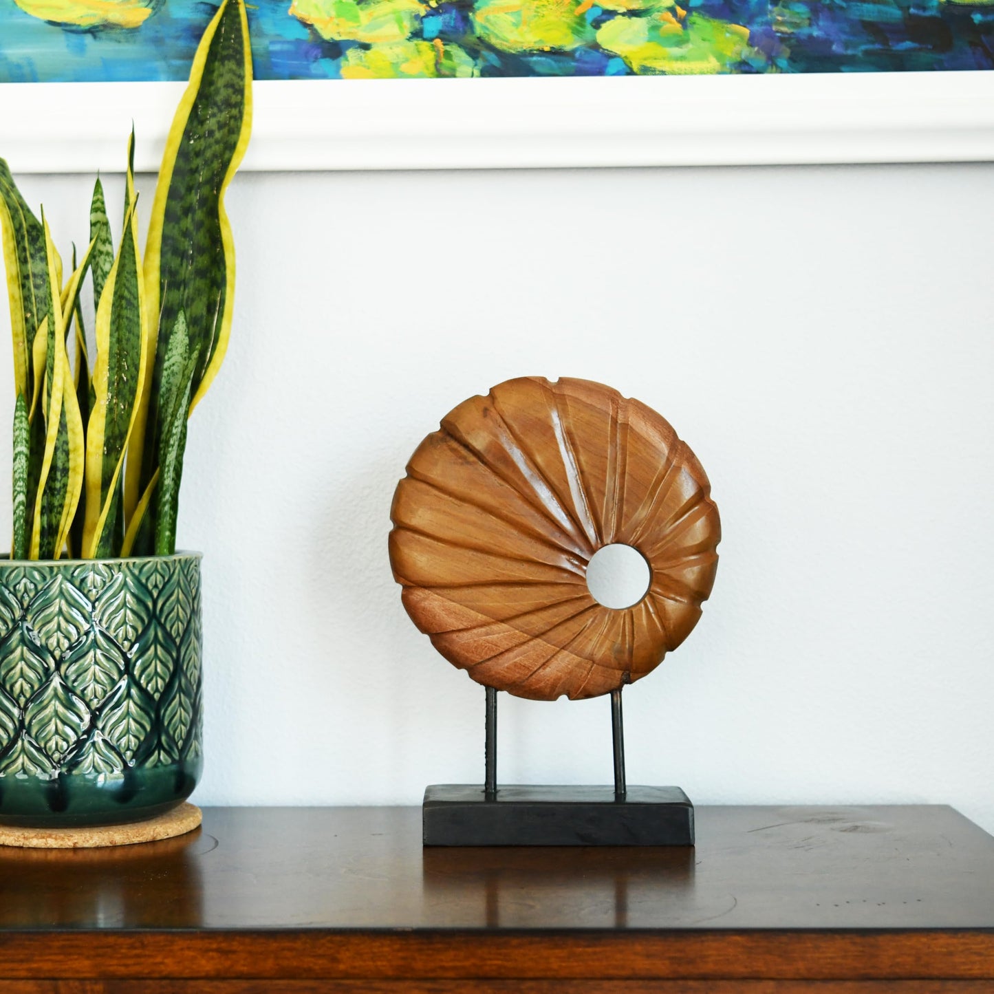 JOLLYMER Teak Sculpture Home Décor for Shelf Sculpture with Base Decoration for Living Room, Bedroom, Office 13.8"X9.8"X3.5"