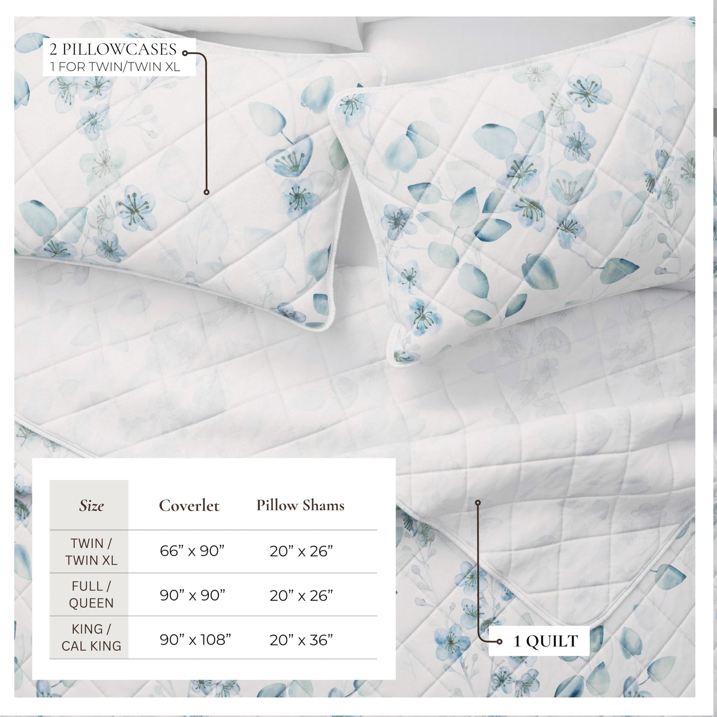 Great Bay Home Floral Quilt Set - 3-Piece Full/Queen Size Spring Bedding Set - Lightweight, All-Season, Reversible Bedspread (Blue/Green)
