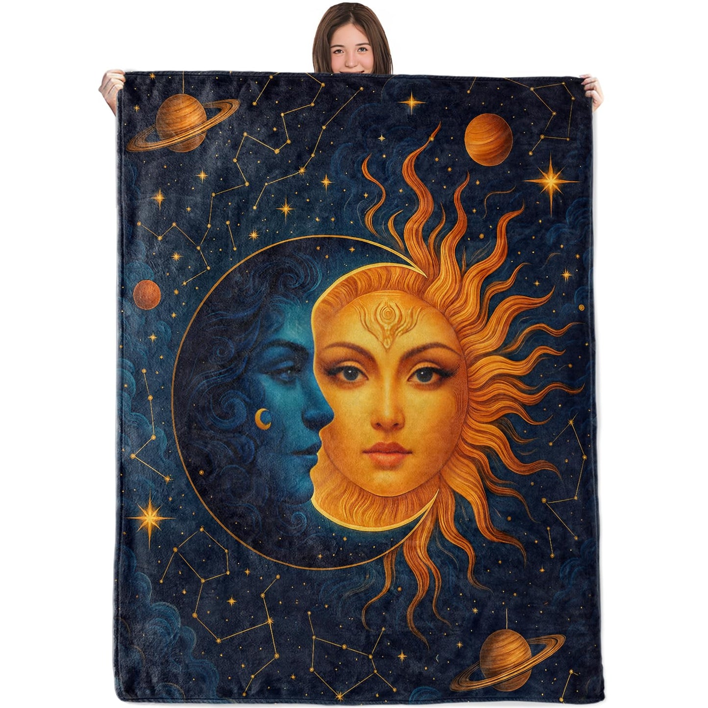 WKEDIN Celestial Sun and Moon Blanket,50x60in,Cozy Flannel Throw with Mystical Cosmic Star Planet Constellation Design,Soft Lightweight Gifts Blankets for Women,Sofa Bed Travel Camping Decor