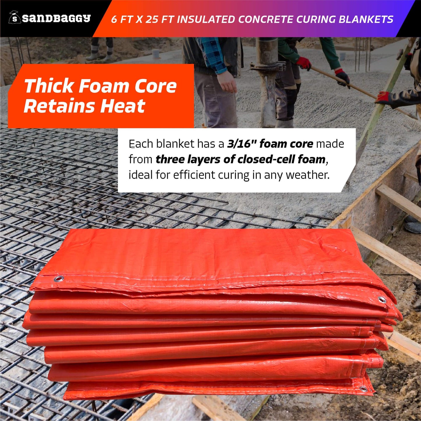 Sandbaggy Concrete Blankets Insulated 6 ft x25 ft with Grommets (max R-Value 3.35) - Waterproof, UV Resistant - Concrete Curing Tarp, Cement (5, 6 ft x 25 ft)