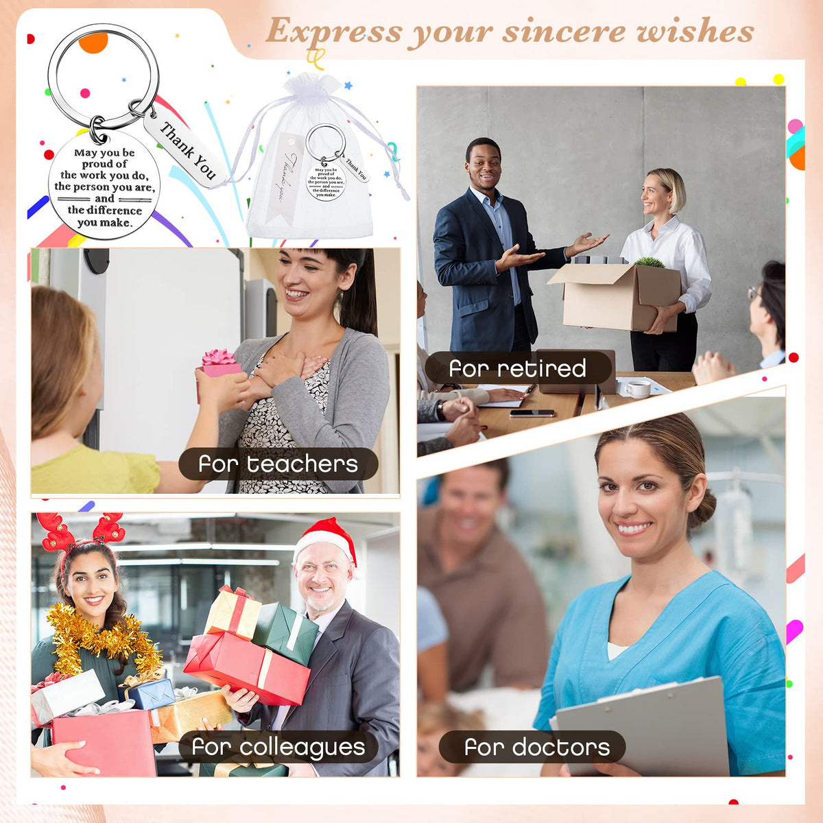 Yinkin 36 Pcs Employee Appreciation Gifts Bulk for Coworkers Keychains Organza Bags with Cards for Staff Graduation Favors(Silver)
