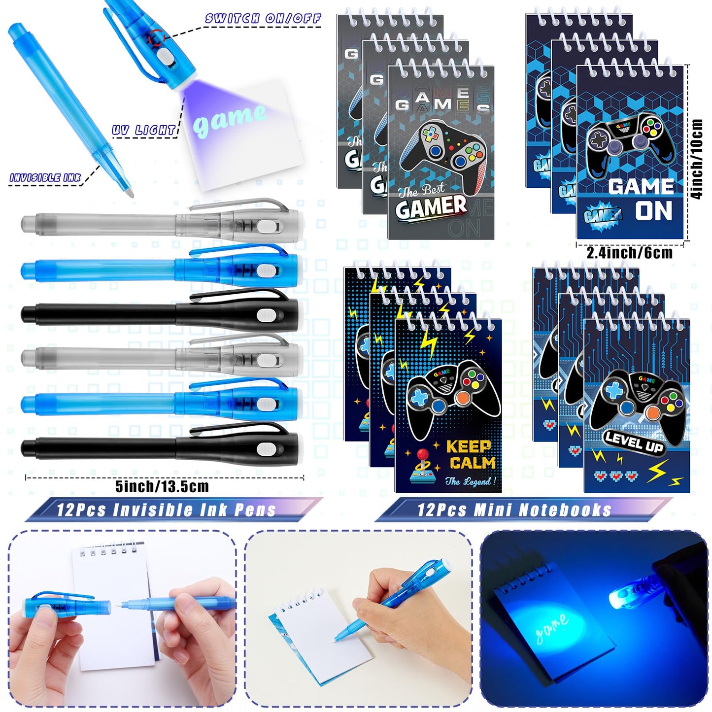 Mishopy 84Pcs Video Game Party Favors Birthday Supplies Kids Boys Invisible Ink Pen Notebook Silicone Bracelet Stamper Tattoo Sticker Gaming Toy Gift Bag Goodie Bag Stuffers Gamer Party Favors