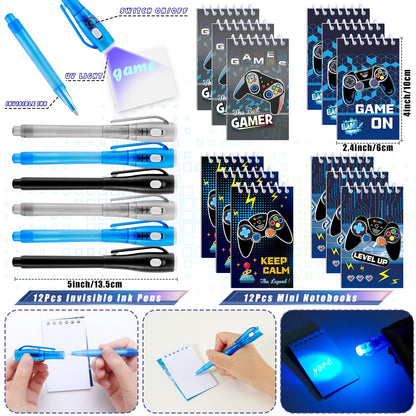 Mishopy 84Pcs Video Game Party Favors Birthday Supplies Kids Boys Invisible Ink Pen Notebook Silicone Bracelet Stamper Tattoo Sticker Gaming Toy Gift Bag Goodie Bag Stuffers Gamer Party Favors