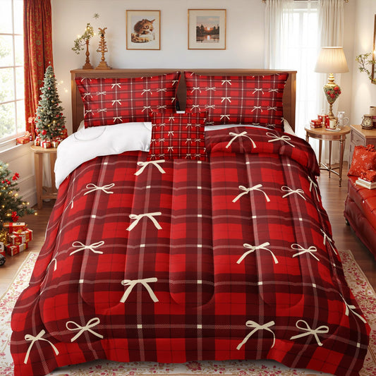MOVE OVER Red Christmas Comforter Set Queen Size Cute Bow Comforter Set Christmas Thmemed Bedding Set for Room Decor Buffalo Check Plaid Bedding Set for Girls and Women