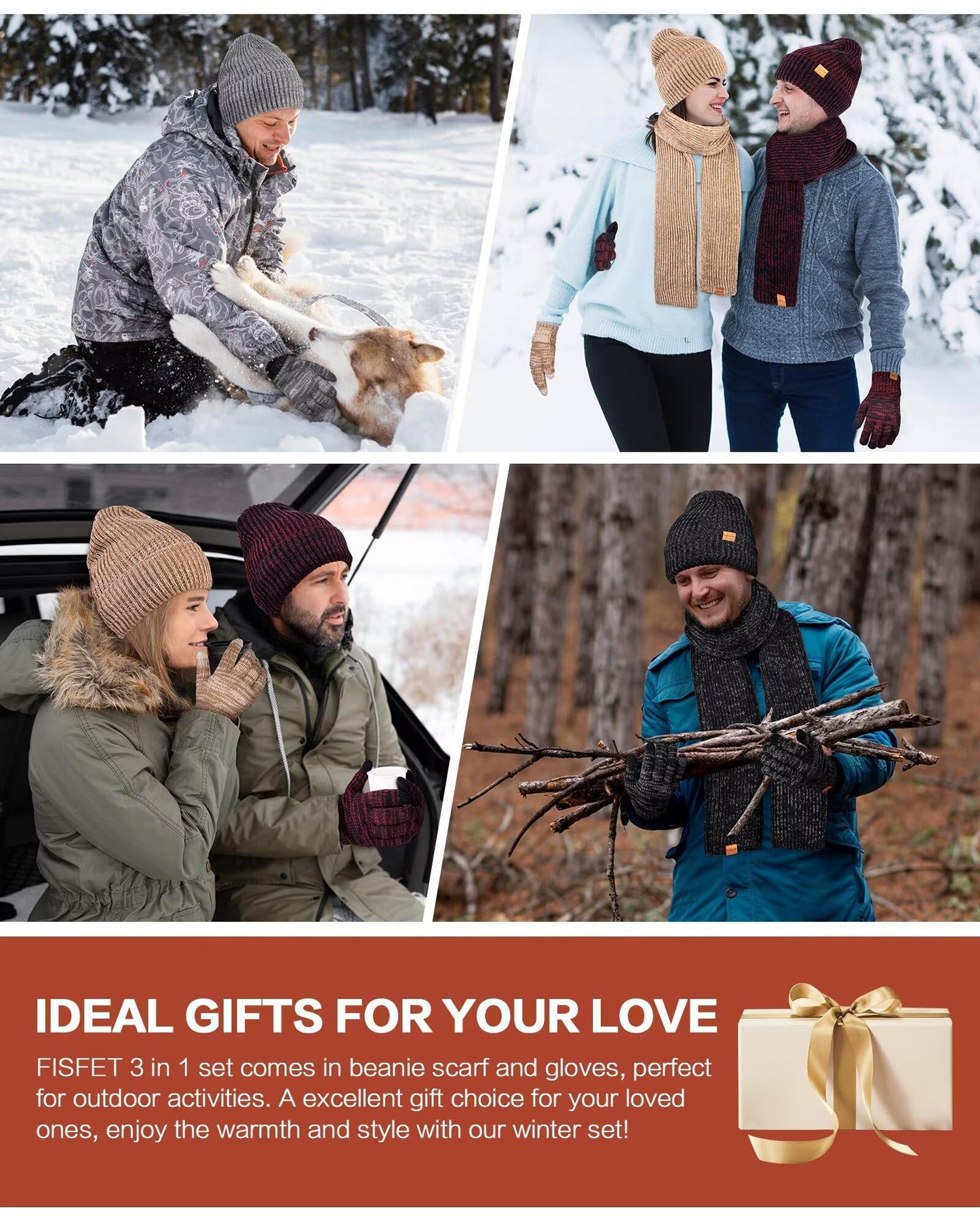 Winter Hat Gloves Scarf Set for Men Women, Mens Beanie with Fleece Lined Long Thick Scarf Touchscreen Gloves for Cold Weather, 3 in 1 Warm Gift Set(A-01)