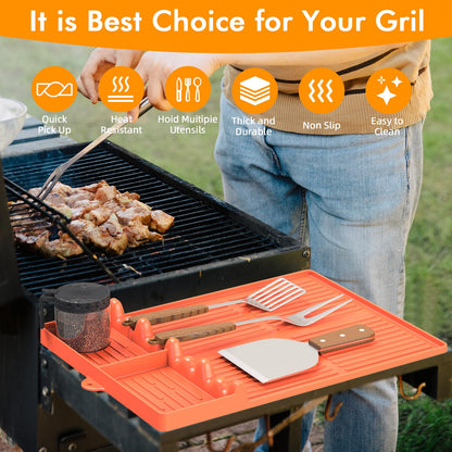 Silicone Griddle Tool Mat Compatible with Blackstone Weber - Flat Top Grill Pellet Smoker Side Shelf Spatula Mat with Drip Pad - Kitchen Cooking BBQ Grilling Accessories - Gift for Men(Orange)