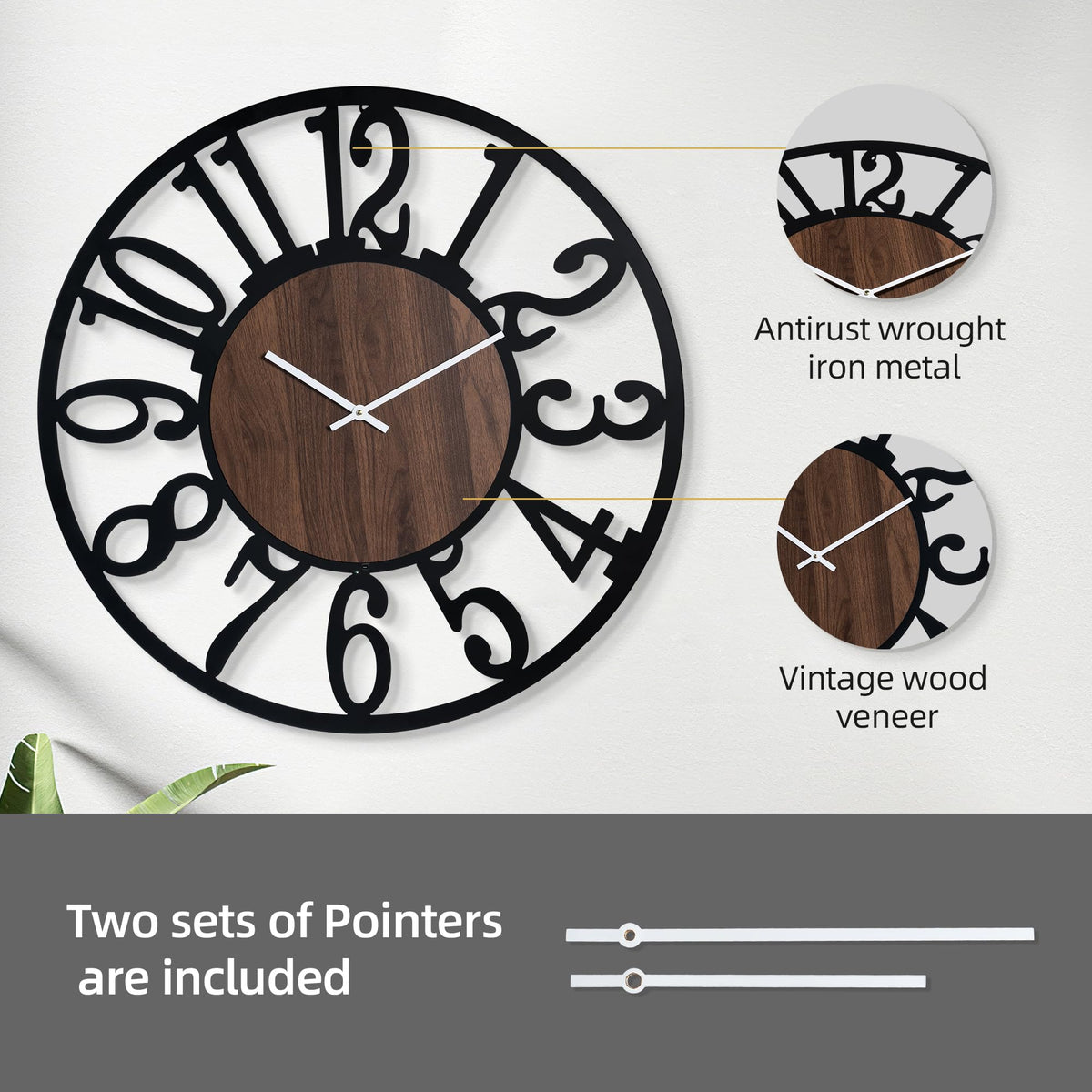 LEIKE Large Wall Clock 32'' Lighted Rustic Wood Clock with Remote Timer, Silent Battery Operated Modern Oversized Wall Clock for Living Room, Bedroom, Farmhouse, Home Decor, Large Number Display