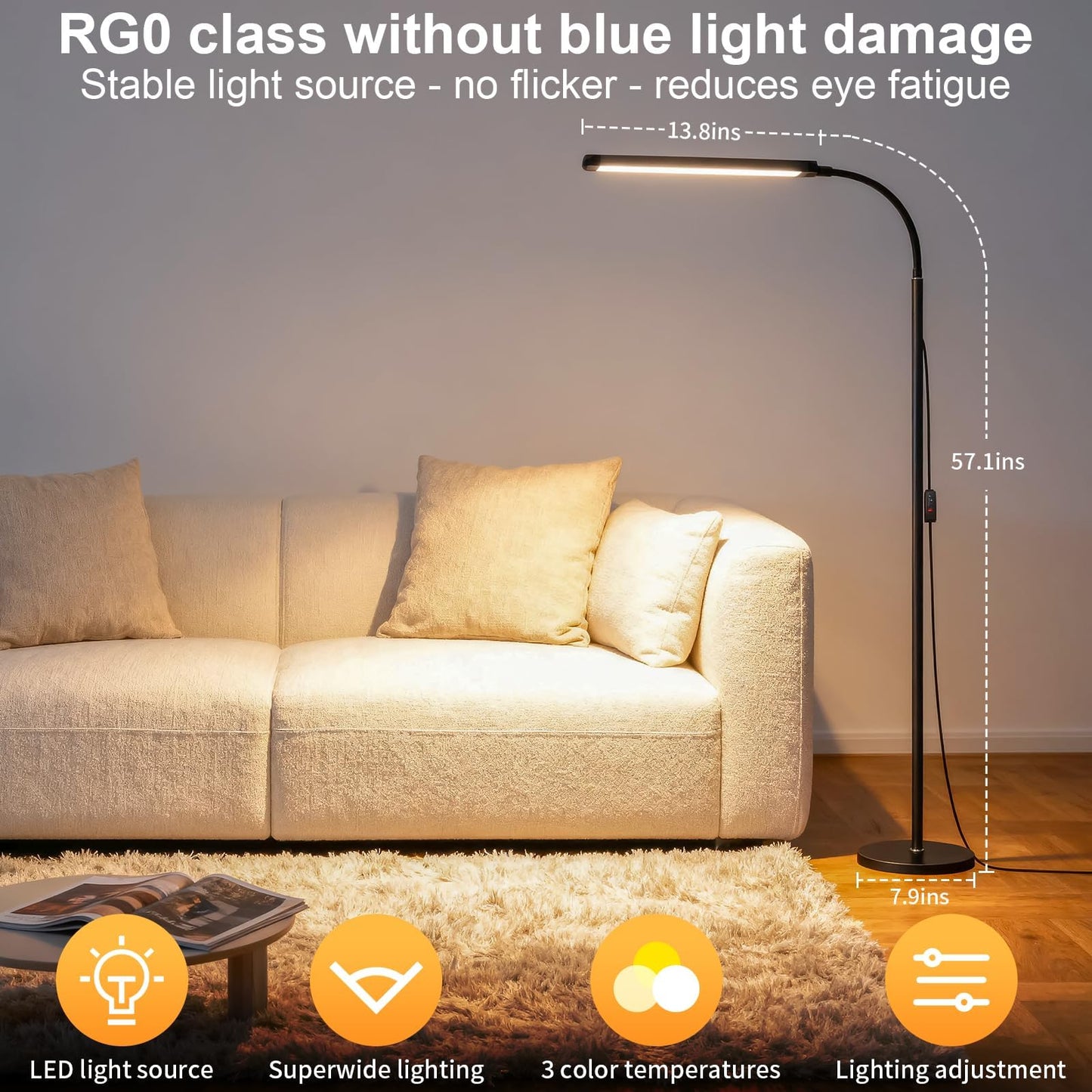 Bright 12W LED Flicker-Free Eye Protection Dimming Floor Lamp,3000-6000k,Gooseneck adjustable Standing Reading Lamp for Living Room Bedroom Bedside Office Classroom Task Craft, Black Modern Light
