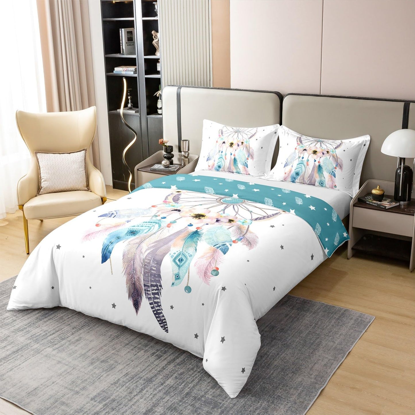 Erosebridal 100% Cotton Dream Catcher Bedding Sets Twin Girls Floral Flower Duvet Cover Cherry Blossom Comforter Cover Women Aztec Tribal Quilt Cover,Bohemian Feather Star Room Decor 1 Pillowcase