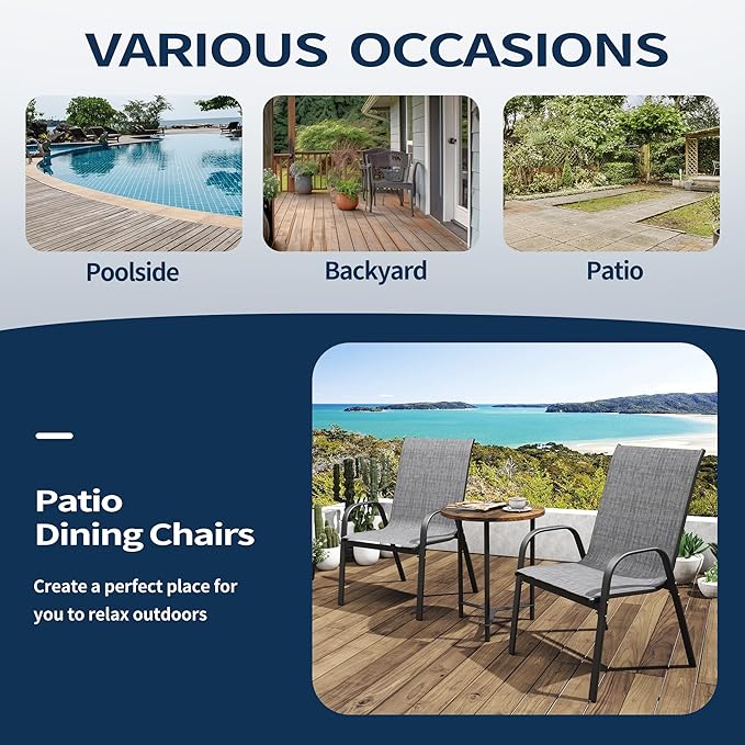 PIZZELLO Patio Chairs Set of 8 - Outdoor Stackable Dining Chairs for All Weather - Lightweight Textilene Outdoor Chair Sets with Armrests - 330Lbs Capacity - for Backyard Garden Porch Poolside (Grey)