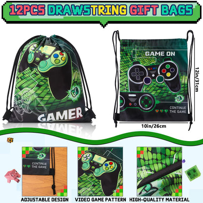 Winrayk 12 Sets Video Game Party Favors Gamer Birthday Supplies, Gaming Drawstring Bag Silicone Wristband Glow In The Dark Tattoos Keychain, Kid Game On Goodie Bag Stuffers Gamer Party favors Supplies