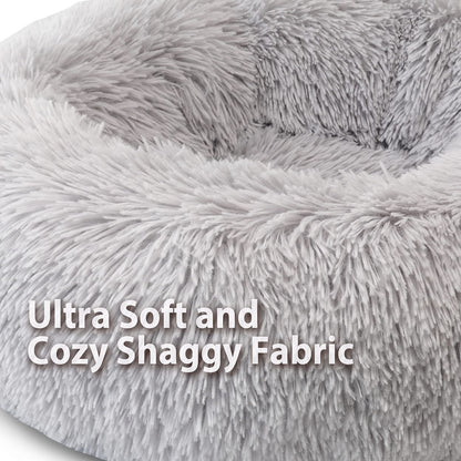 Enjamoy Plush Donut Dog Bed, Calming Round Dog Cat Bed Soft and Fluffy Cuddler Pet Cushion Self-Warming Puppy Beds Machine Washable, Grey 50cm